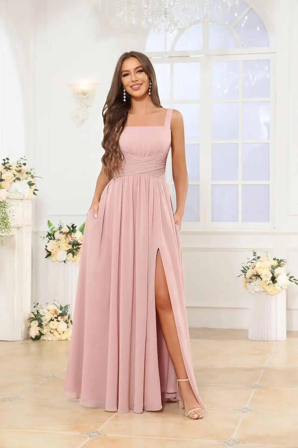 Chiffon Bridesmaid Dress with Ruffled Edges and Thin Shoulder Straps A Long Ball Dress with Pockets Elegant Evening Dress,Formal