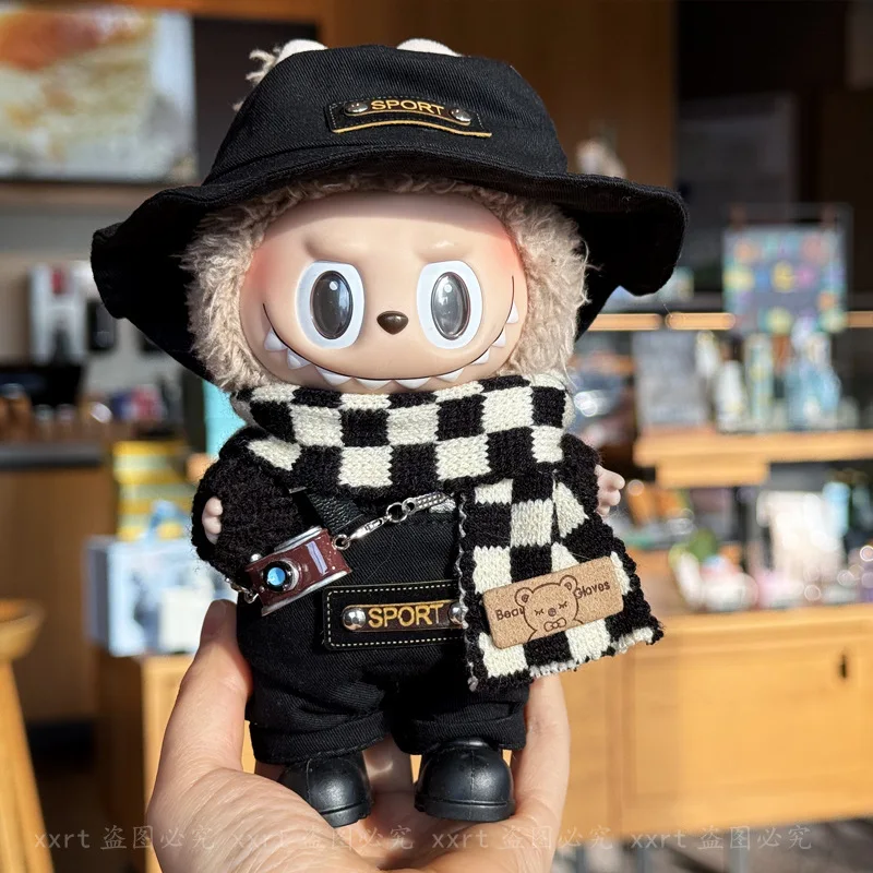 Para labubu roupas 17cm chapéu e cachecol conjunto elegante e na moda macacão xadrez roupa mudança acessório conjunto brinquedo hobbies legal