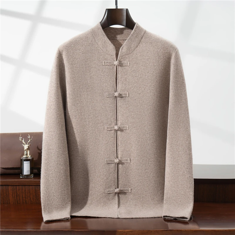 

100%Pure Wool Chinese style buckle Cardigan Men Sweater Casual Comfort Knitted Long Sleeve Men's Wool Sweater Spring Autumn Coat
