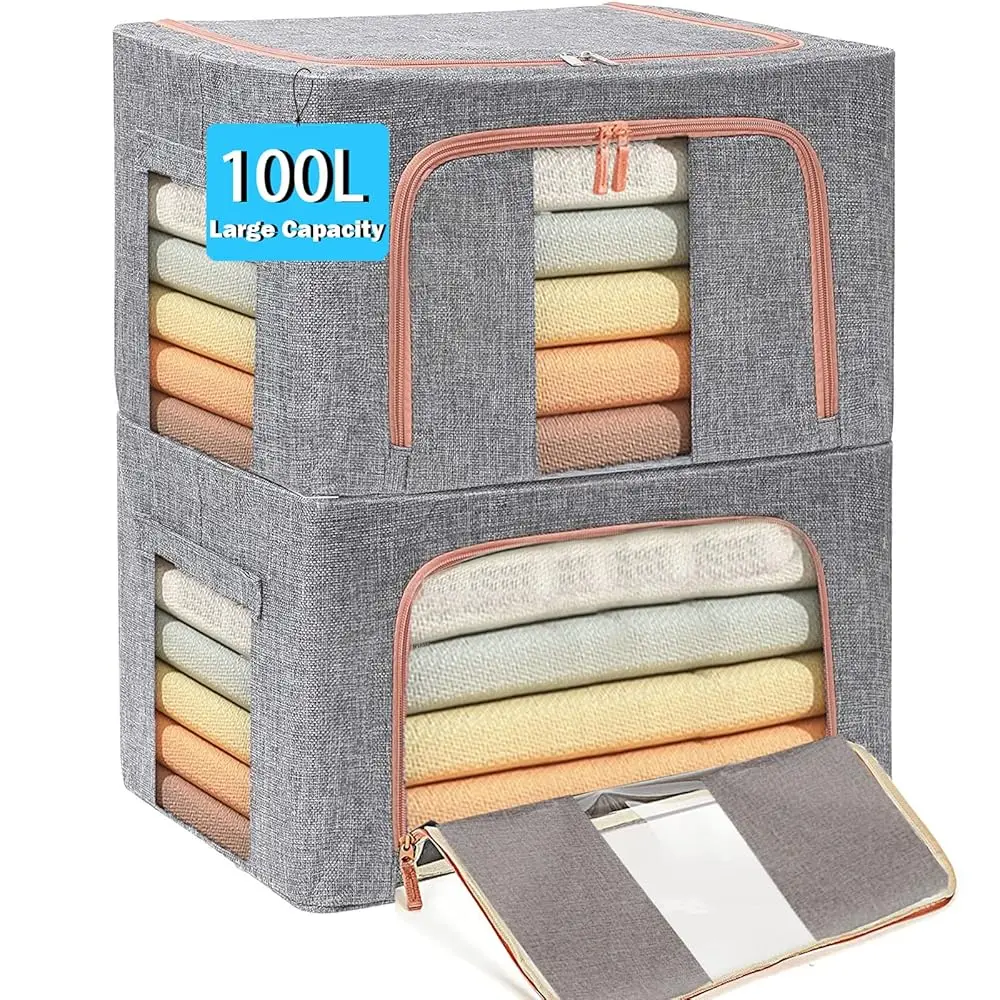 

Large Acity Clothes Storage Bags Stackable Storage Organizer With Foldable Metal Frame Zipper Handles Clear Window Storage
