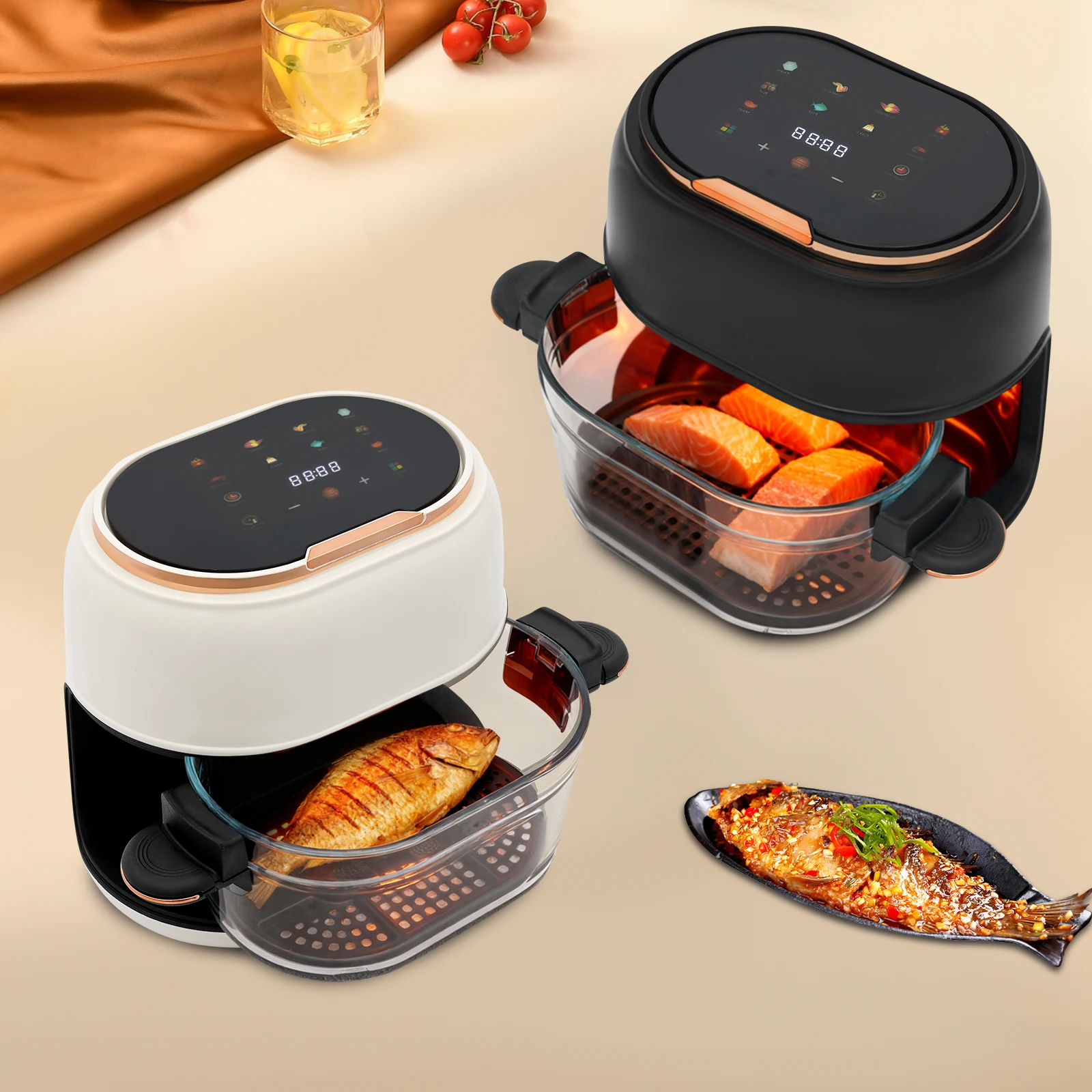 4L Schwarz/Weiß Heißluftfritteuse mit Touchscreen 60-190 ℃   Sichtbarer Backkorb Glas-Heißluftfritteuse Küchen-Kochsystem