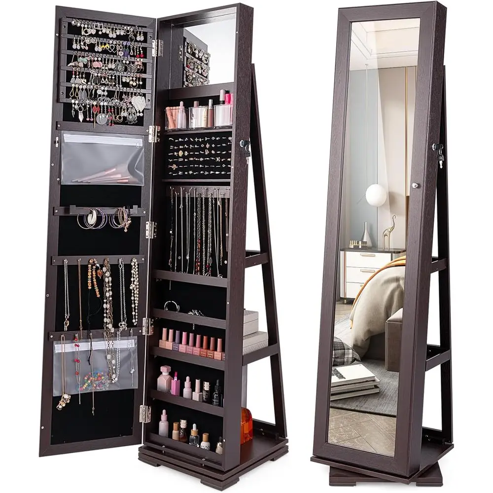 

360 Rotating lry Armoire Cabinet, Standing lry Organizer w/ull-Length Mirror & Large Storage Space, Lockable Mirror lry Cabinet