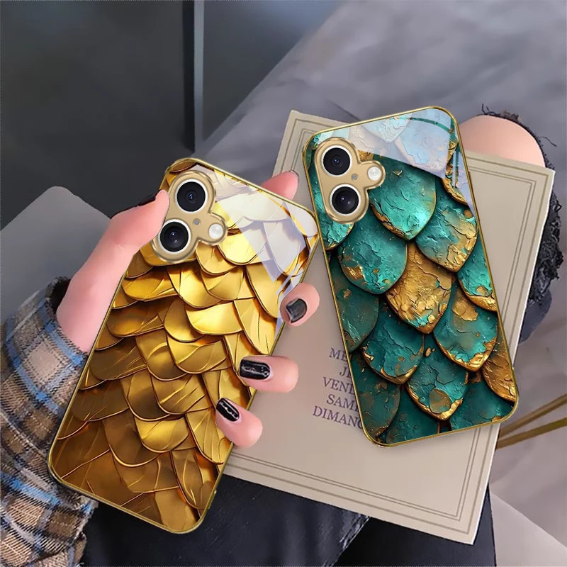 

Golden scale texture For iPhone 17 Pro Max 16 16E 15 14 13 Plus 12 mini 11 15Pro 17 Air XR X 17ProMax Golden glass phone case