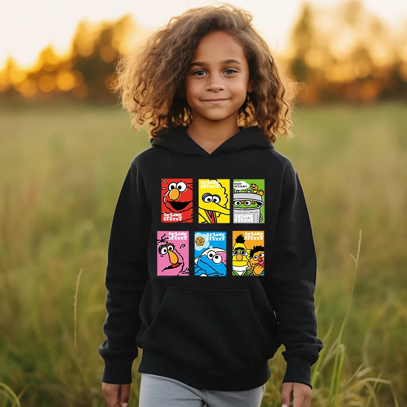 Sesame Street Printed Kids Hoodies Plus Velvet Sports Sweatshirt Black Top Cartoon Clothing for Girls