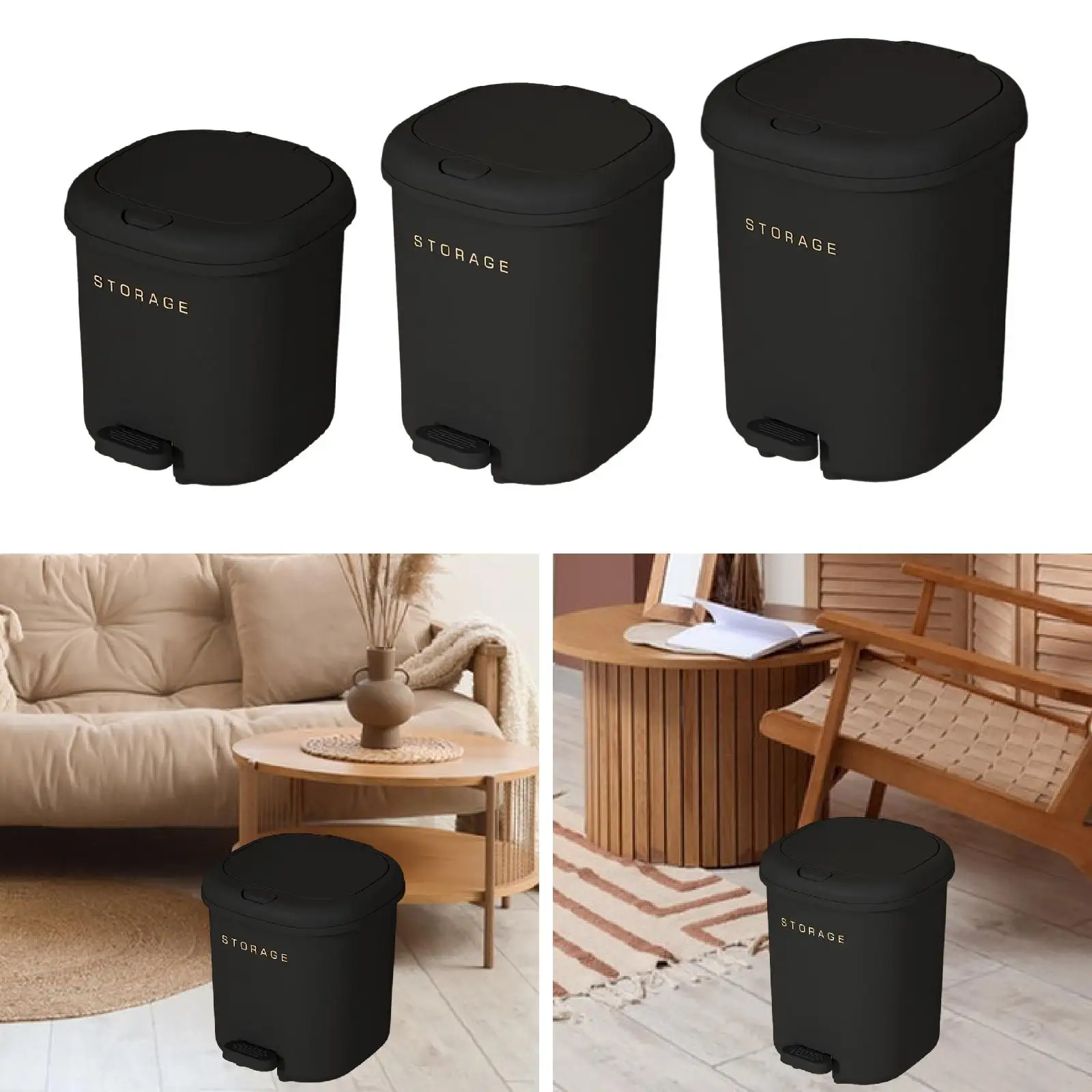 

Pedal-operated trash can for lobbies, kitchens and hotels. Practical and simple.