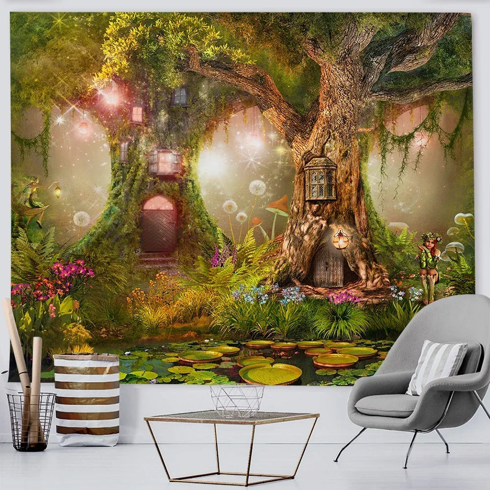 Planta de fantasía bosque mágico decoración de pared tapiz colgante de pared barato árbol de la vida grande elfos corriente cuento de hadas arte telón de fondo