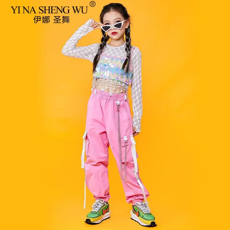 Vestito da ballo jazz per ragazze Costume hip-hop Vestito K-pop Crop Top Pantaloni cargo rosa Abbigliamento da ballo di strada moderno Set da performance per bambini