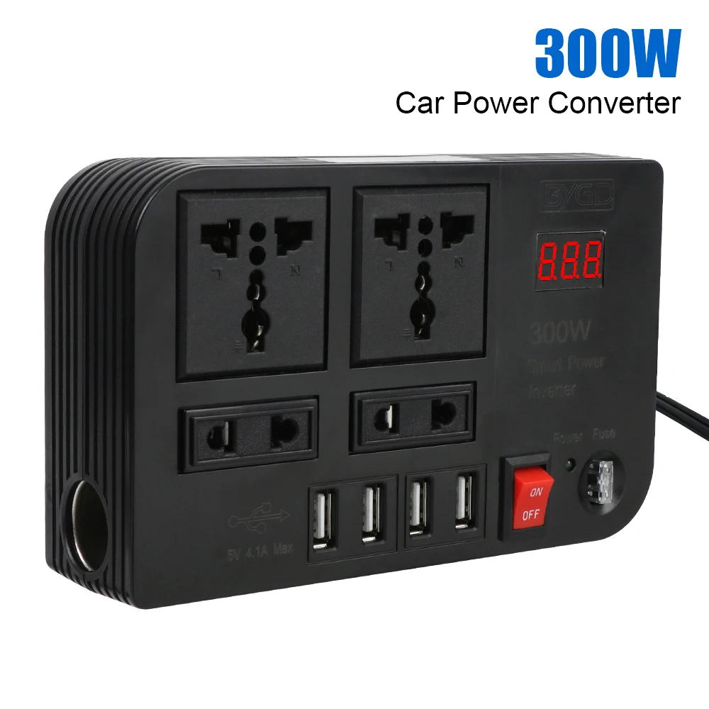 300W Car Inverter Outlets 4 USB Ports Overload Protection Power Adapter DC 12V to AC 220V Converter 4 AC Sockets ON/OFF Switch