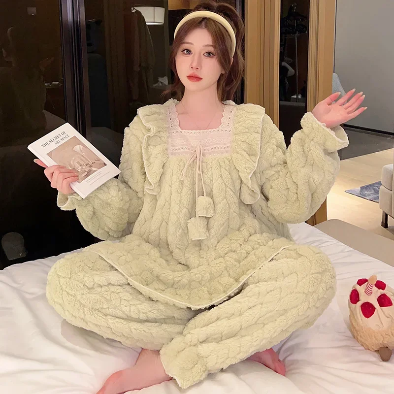 Oversized Thickened Flannel Pajamas Women Winter Warm Long-Sleeved Sweet Homewear Plus Size School Loungewear Loose Plush Suit