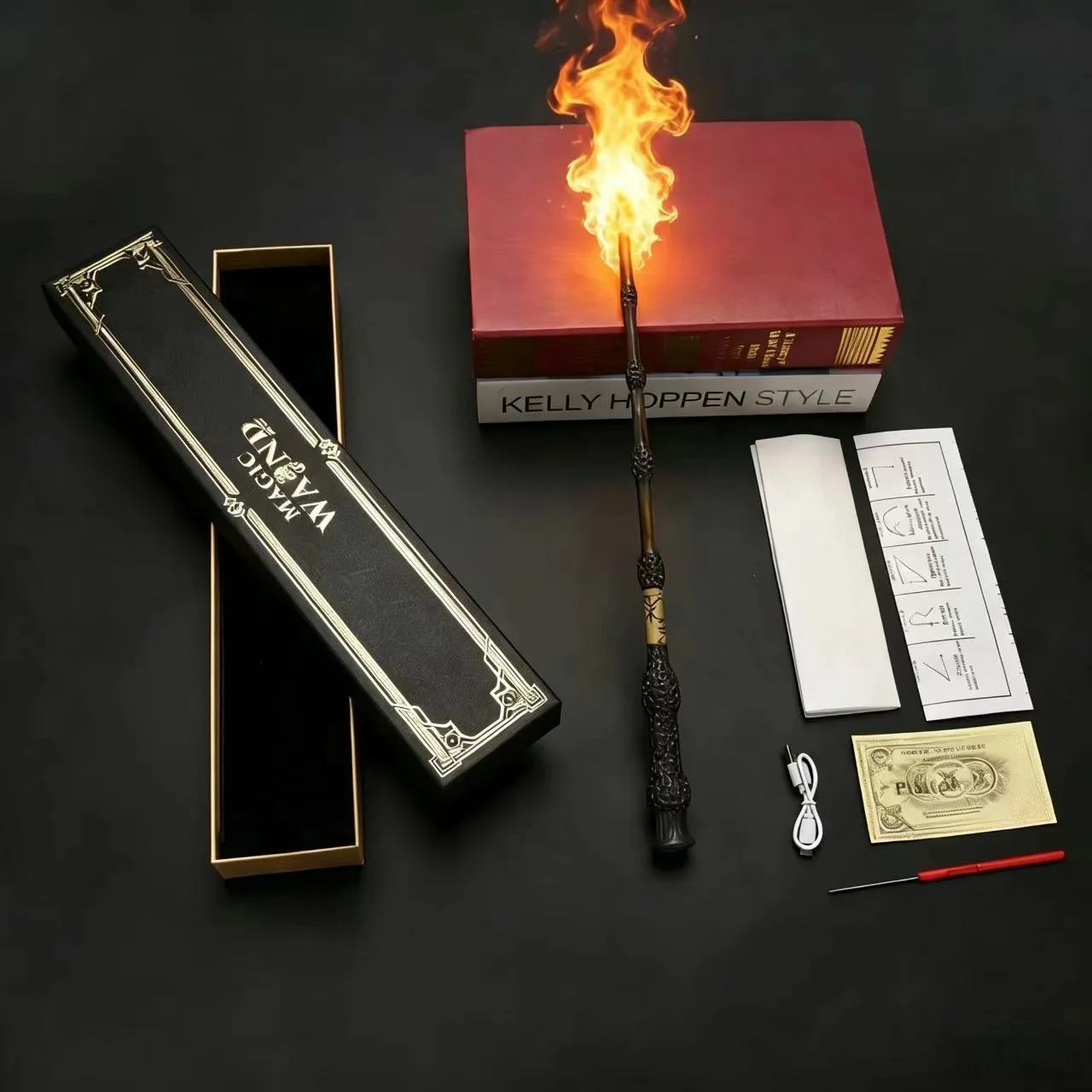 Harry Potter fire wand USB rechargeable flame wand with gift box Hogwarts tickets brochures magic props Cosplay collection gifts view 4