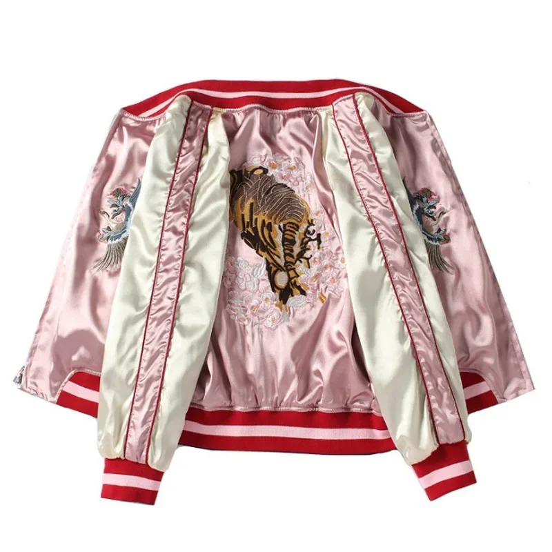 Women Vintage Japanese Harajuku Yokosuka Embroidery Tiger Mount Fuji Reversible Loose Baseball Jacket Casual Outwear