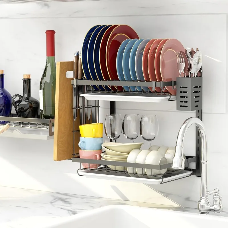 Hanging Wall Mounted Dish Drying Rack with Adjustable Layer*2, Hook*4, Drain Tray*2, Apartment & RV Wall Mounted Dish Rack
