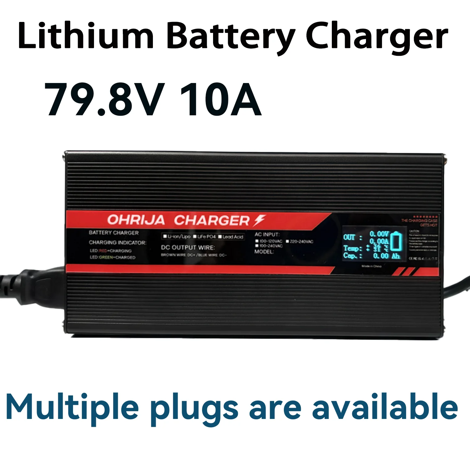 OHRIJA 79.8V 10A High power Fast Charger For 19S 70.3V Lithium Battery Charger igh-power intelligent display aluminum shell case