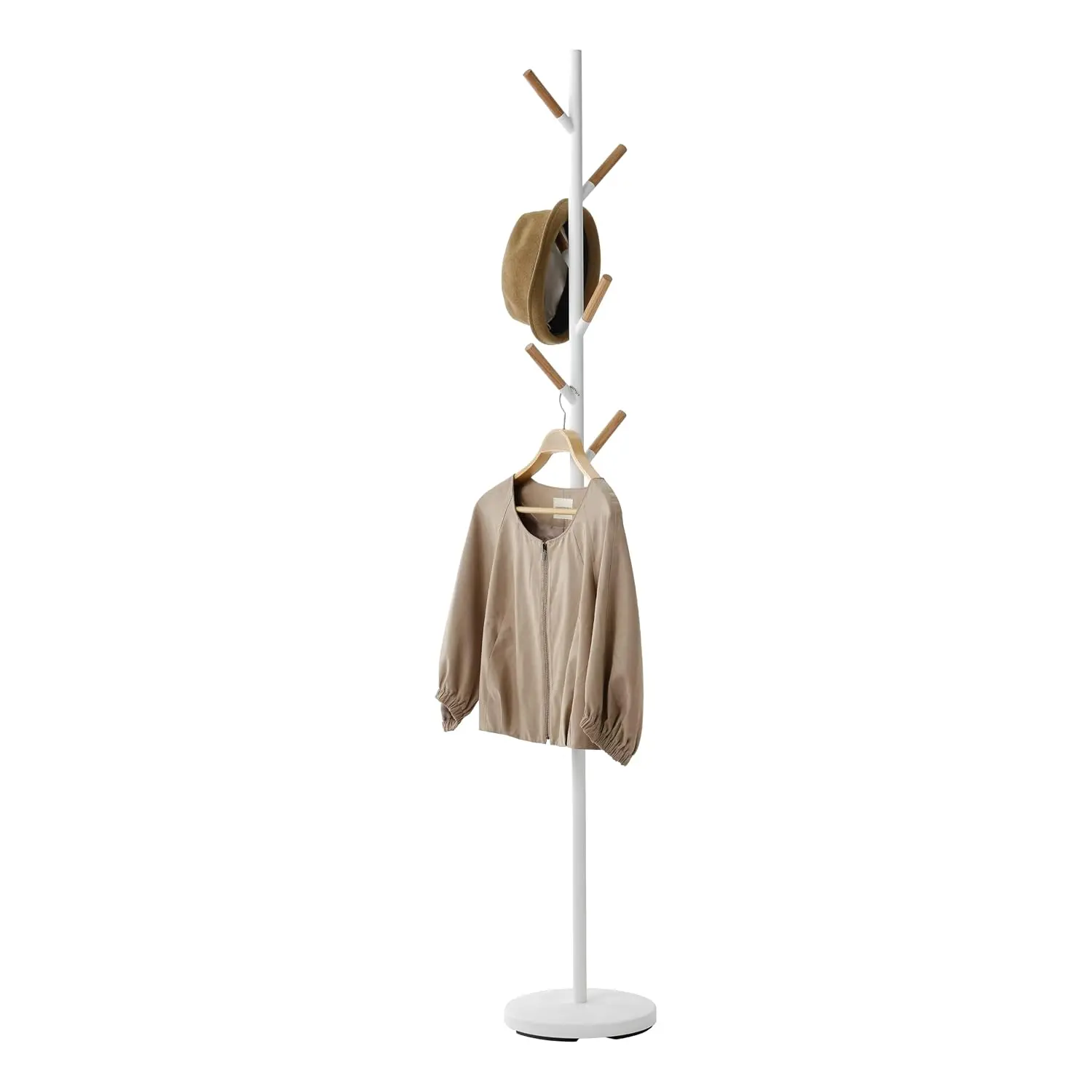 Freestanding Coat Rack with Wooden Hooks, Weighted Base Steel Entryway Hanger, White, Easy Assembly, Customized