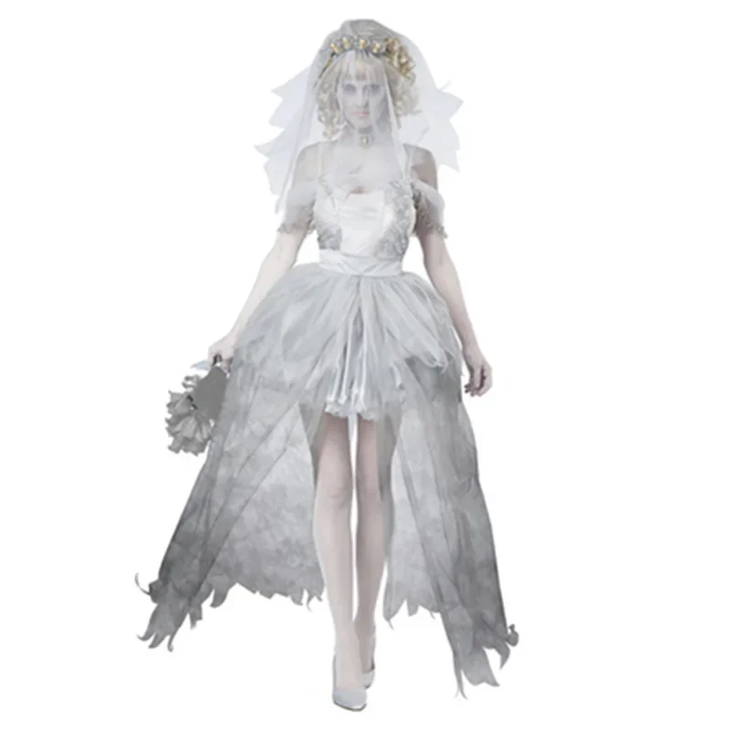 

Sexy Vampire Zombie Cosplay Ghost Bride Costumes Mesh Long Dress Head Wear Necklace Panties Set Halloween Costumes Women