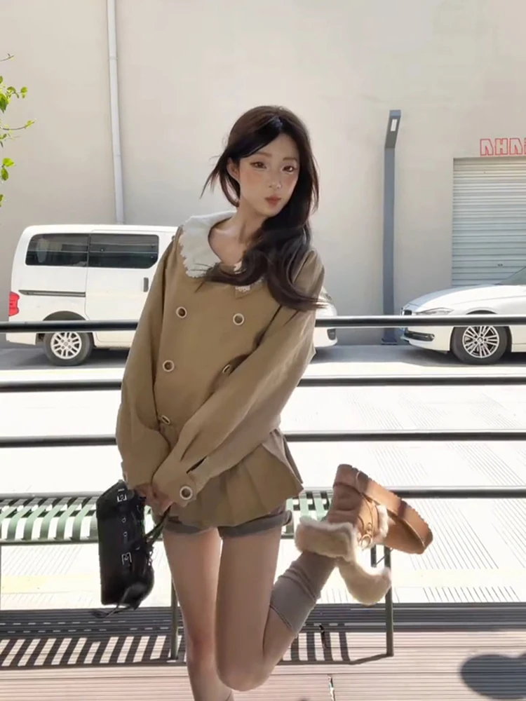 카키 레트로 더블 브레스티드 코트 재킷 여성용 가을 2025 신상 돌칼라 스플라이싱 벨트 숏 코트 한국 스타일 스트레이트 튜브