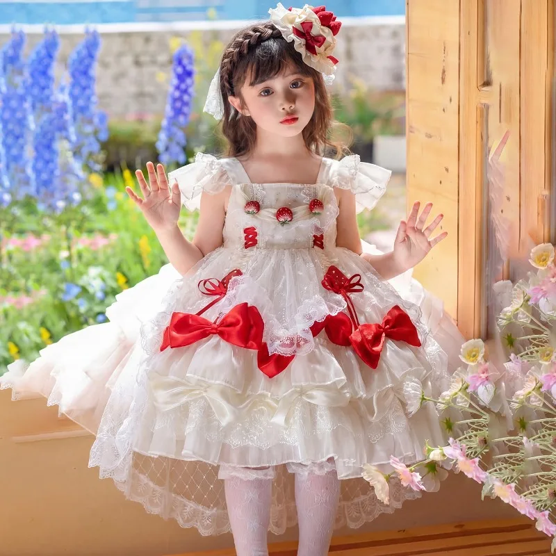 

Girls Sweet Strawberry Lolita Princess Dress White Fluffy Cake Birthday Gift Dress Kids Sleeveless Mesh High Street Party Dress
