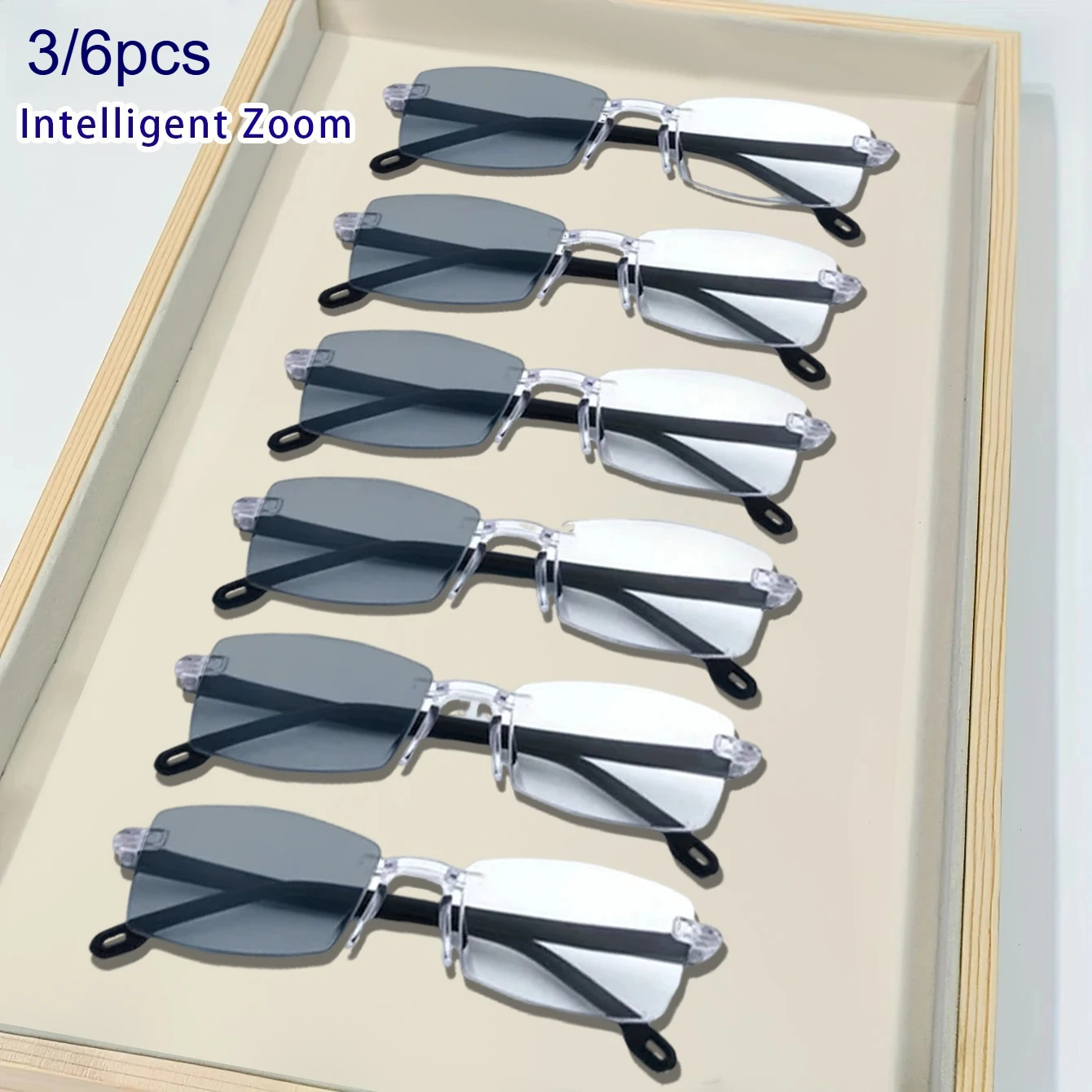 3/6pcs Photochromic Reading Glasses Frameless Edge Cutting  Anti Blue Light GlassesUnisex Intelligent Zoom Glasses