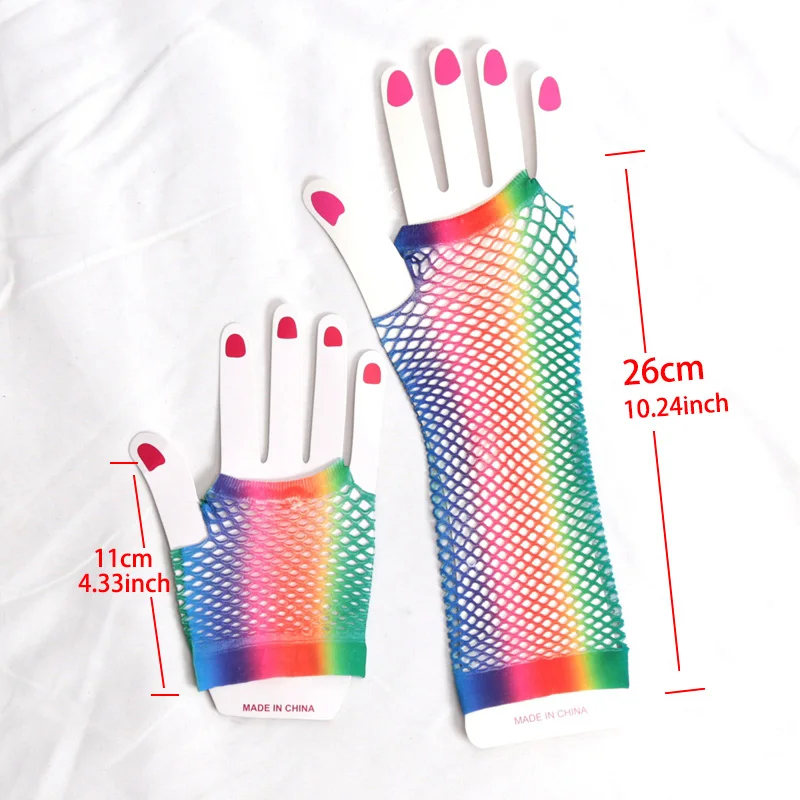 2 Pair/set Ladies Sexy Rainbow Mesh Net Fishnet Gloves Hollow Out Holes Fingerless Gloves Lady Disco Dance Costume Half Mittens