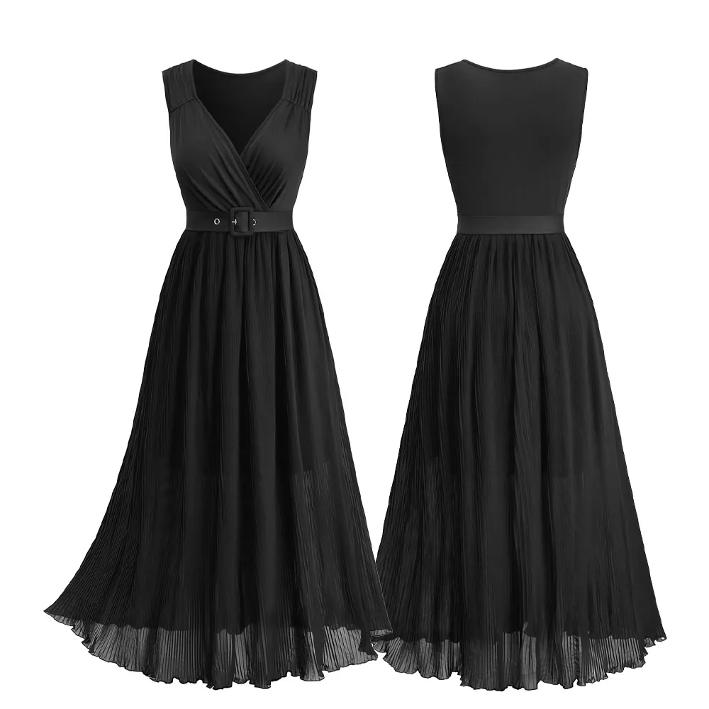 

ROSEGAL Текстурированное платье-майка больших размеров с рюшами и оборками и поясом с пряжкой 2026, весна-лето, новое черное повседневное платье с v-образным вырезом