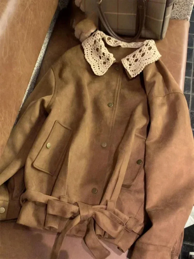 

Vintage Jackets For Women's Korean Fashion Outerwear Bandage Solid Color Fashion Coats Casual Loose Tops Chaquetas Para Mujer