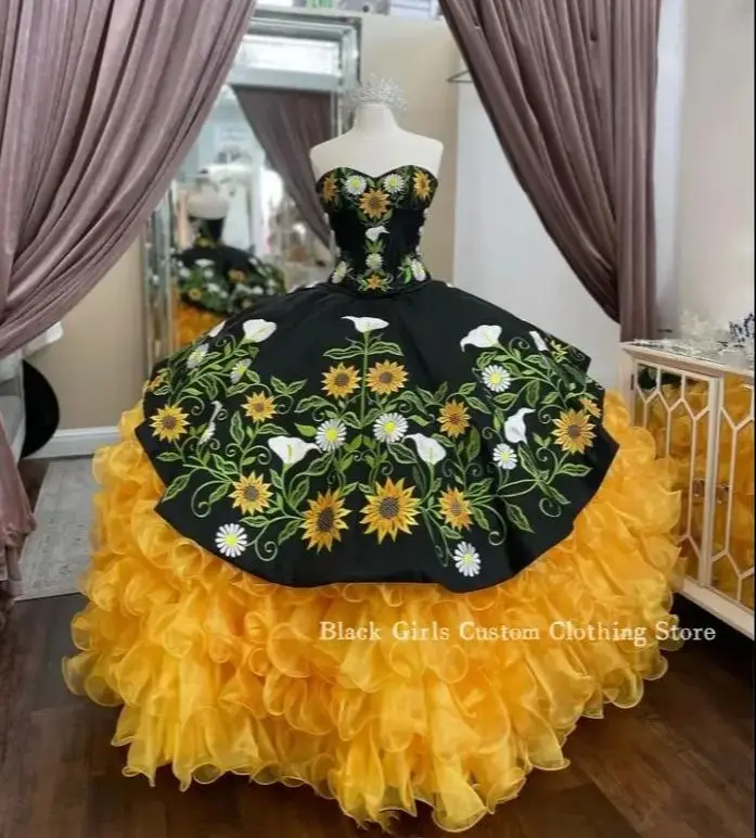 Poncho en dentelle brodée florale, robes Quinceanera, chérie mexicaine, noir, jaune, luxe chic, 15