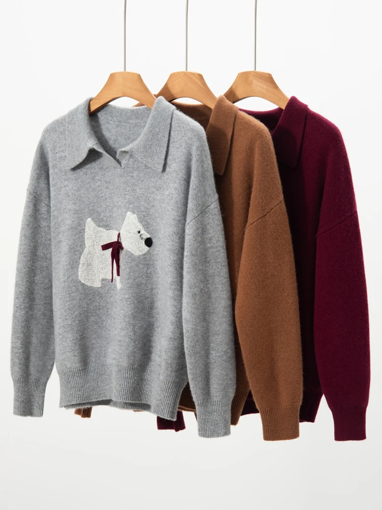 Autumn Winter Women's Pure Cashmere Pullover Sweater Lapel Collar Soild Loose Soft Comfort Knitwear Long Sleeve Tops Cute Puppy