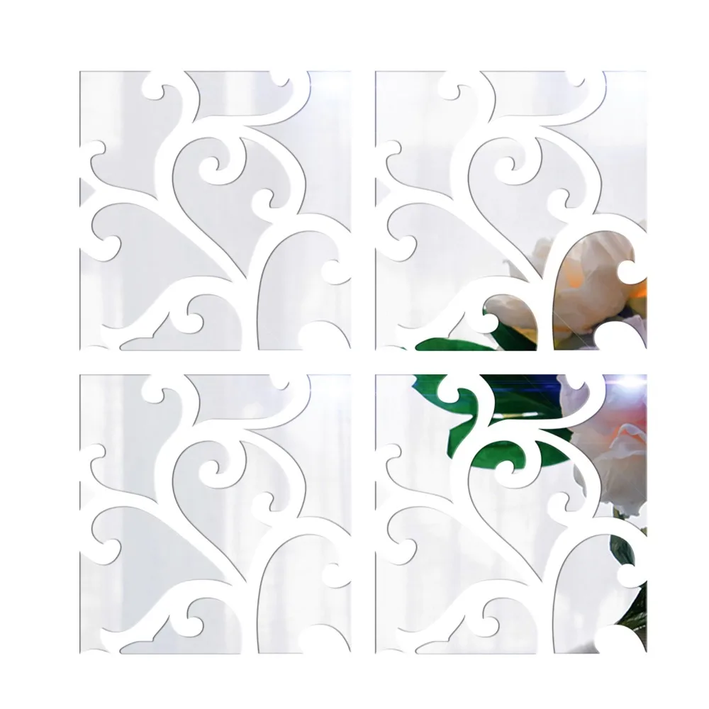 4pcs 20x20cm Mirror Wall Stickers Slivery Removable DIY Wall Art Self Adhesive 3D Effect Wall Decal Mural Stair Wall Decor