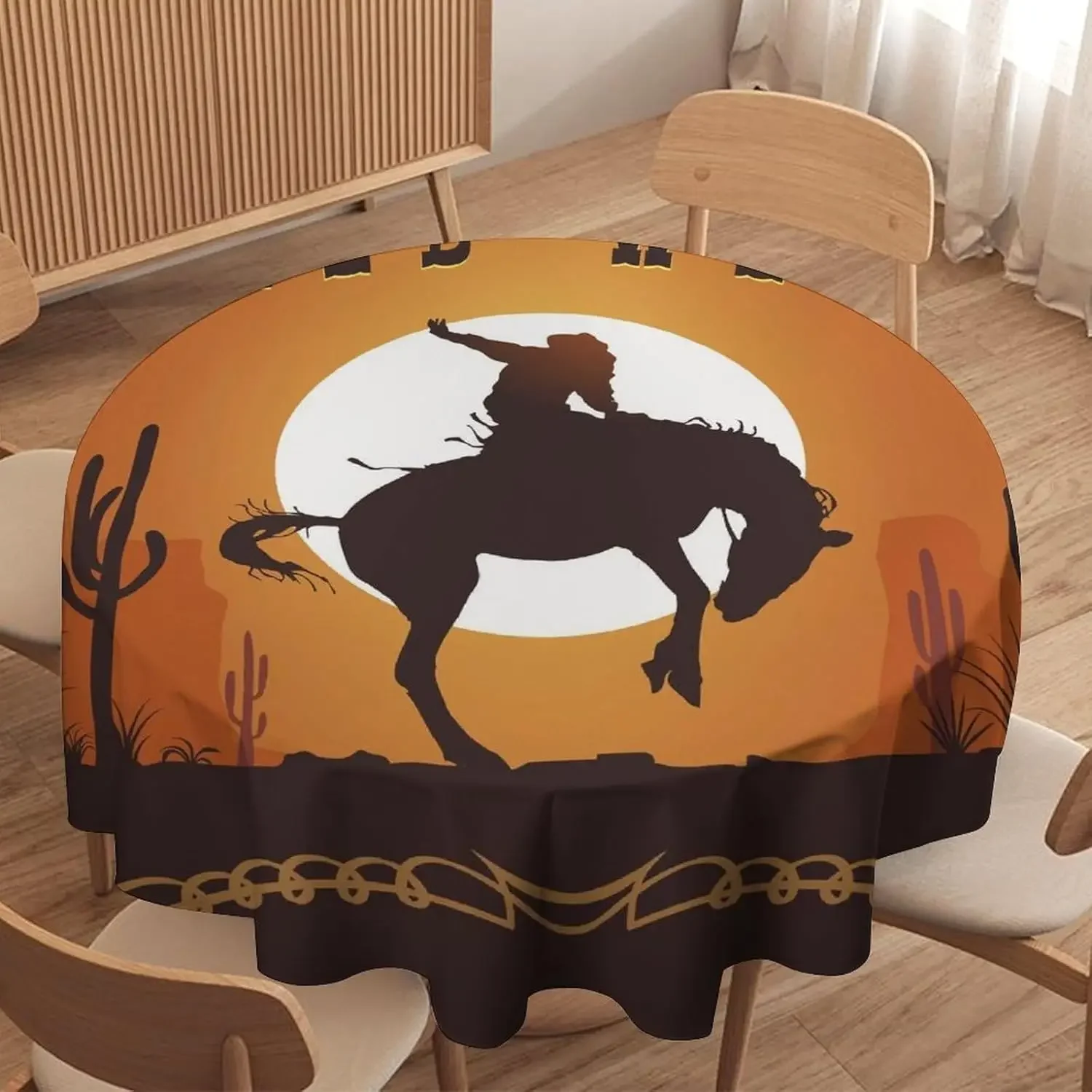 Vintage Western Cowboy Riding Horse Circle Tablecloth - Cactus Desert Rustic Farmhouse Party Dining Cover