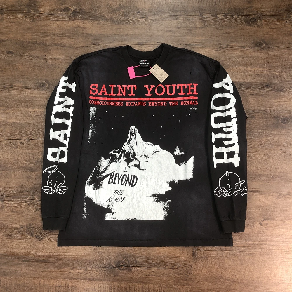 

SAINT OF MICHAEL 1:1, модная уличная одежда в американском стиле, винтажная футболка с длинными рукавами, свободные топы большого размера, мужская футболка из 100% хлопка