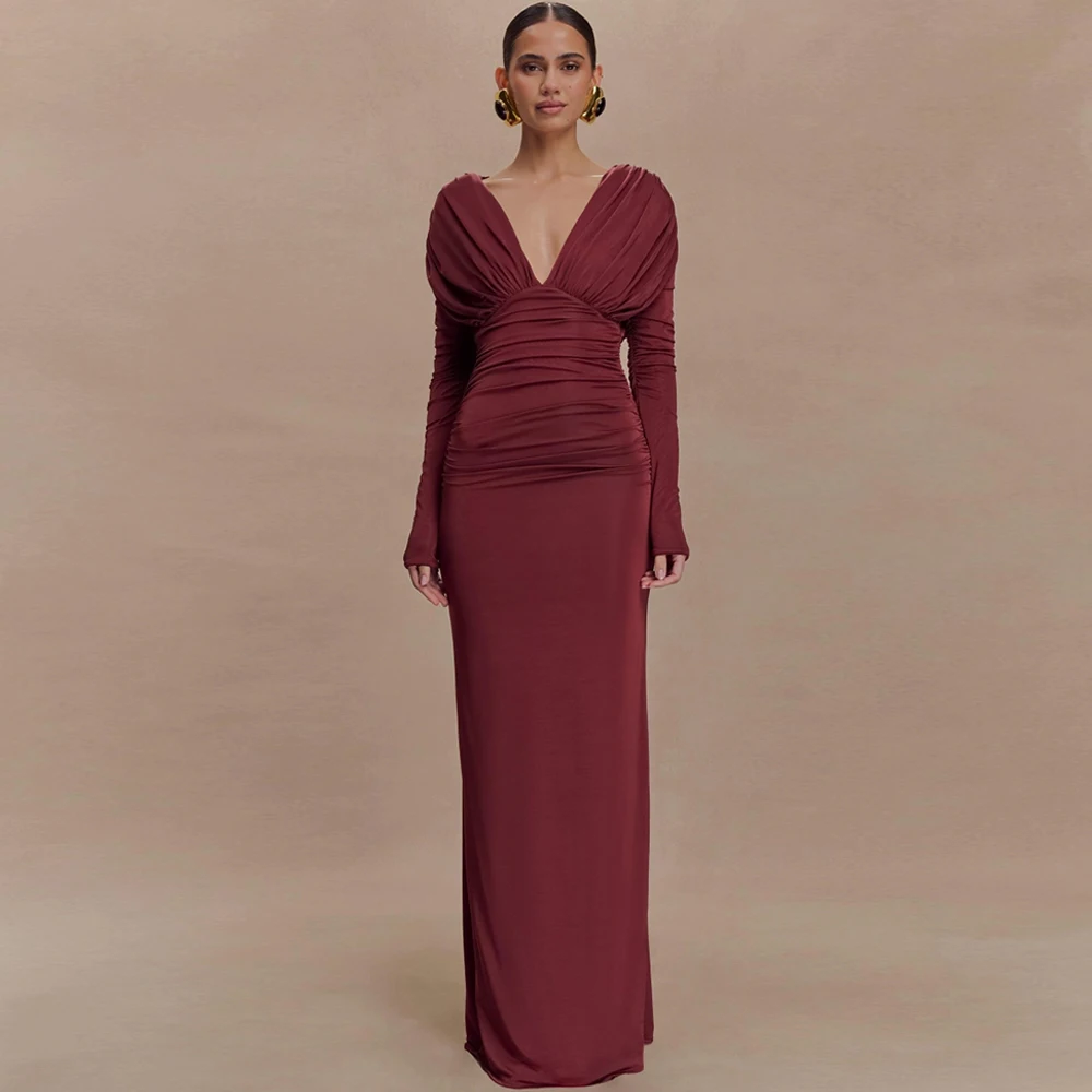 

Classic Auburn V-Neck Long Sleeves Homecoming Dresses Customized Straight Floor Length Evening Dress Special Occasion Gowns