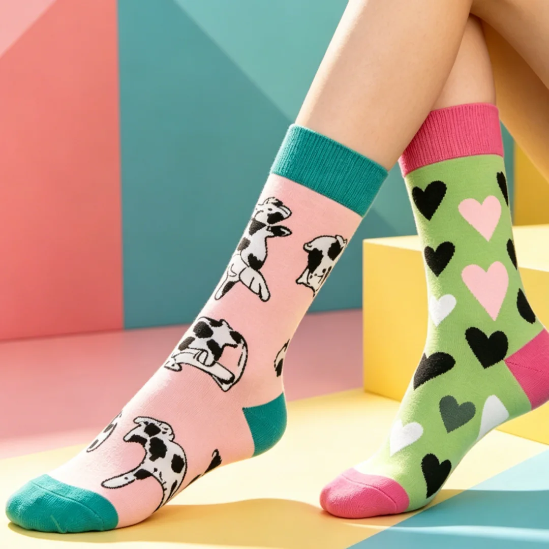 1 pair of women’s asymmetrical short socks with a cow and heart pattern, size 35–41