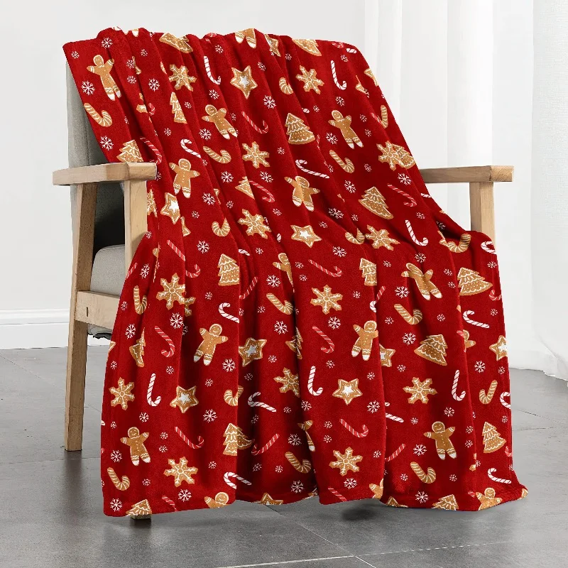 Christmas Gingerbread & Tree Pattern Flannel Throw Blanket - Machine Washable Contemporary Red Throw for All Seasons