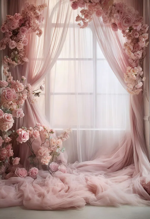 Mehofond Pink Princess Maternity Birthday Wedding Photography Backdrop Flower Window Curtain Girls Decor Photo Background Props