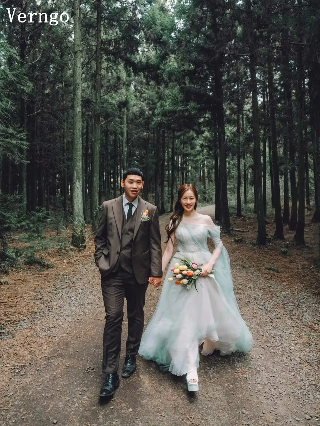 Suknia ślubna Verngo z zielonego tiulu, z odkrytymi ramionami, fason A, długa suknia ślubna, elegancka koreańska suknia na studniówkę, suknie dla panny młodej szyte na miarę.