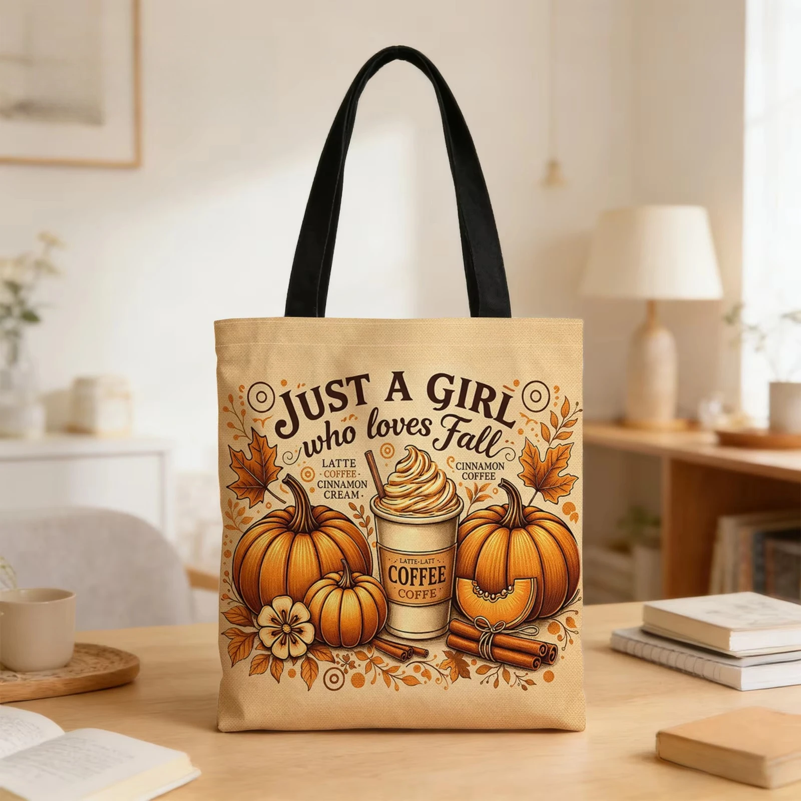 Fall Pumpkin Coffee Canvas Tote Bag Just A Girl Who Loves Fall Shoulder Bag Reusable Shopping Handbag Autumn Gift