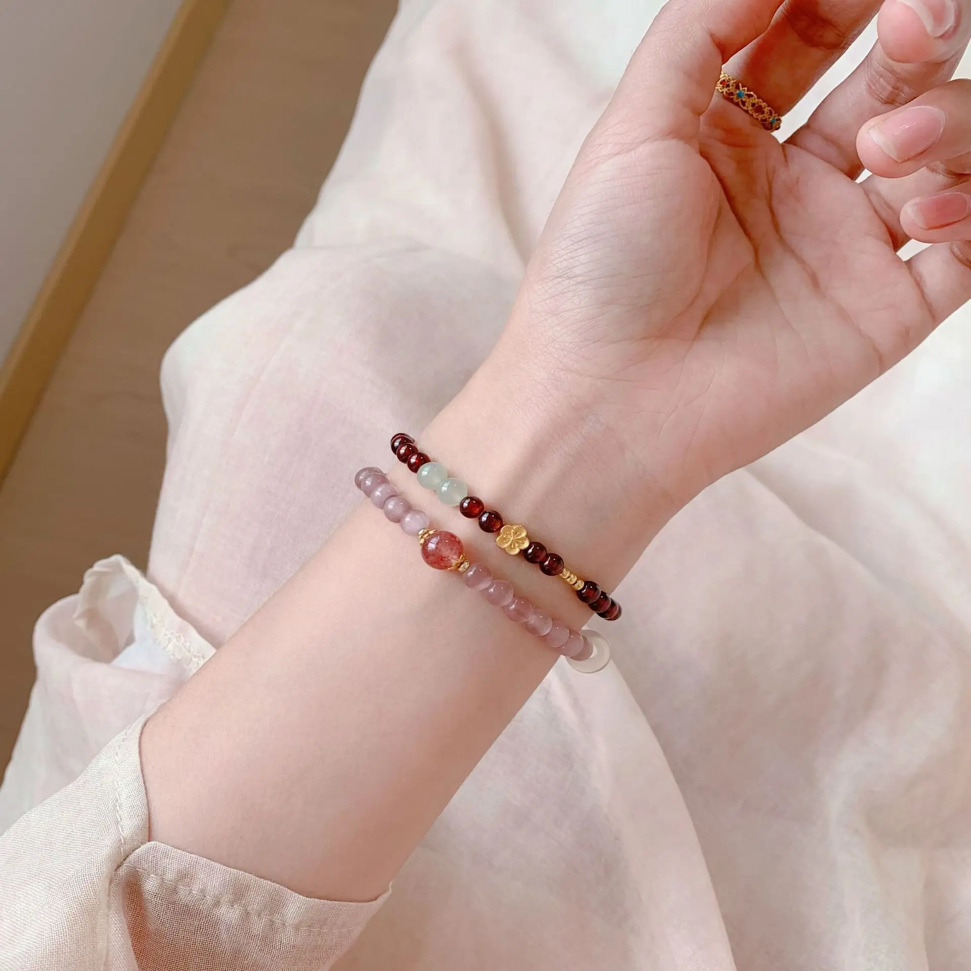 New Chinese Style Natural Garnet Bracelet Women Hetian Jade Strawberry Crystal Purple Cat Eye Stone Stackable Elegant Layering
