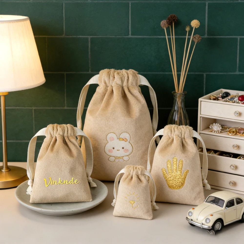 

100pcs Personalized Logo Sand Velvet Jewelry Organizer Gift Bag Ribbon Drawstring Packaging Storage Pouch Wedding Favors Sack