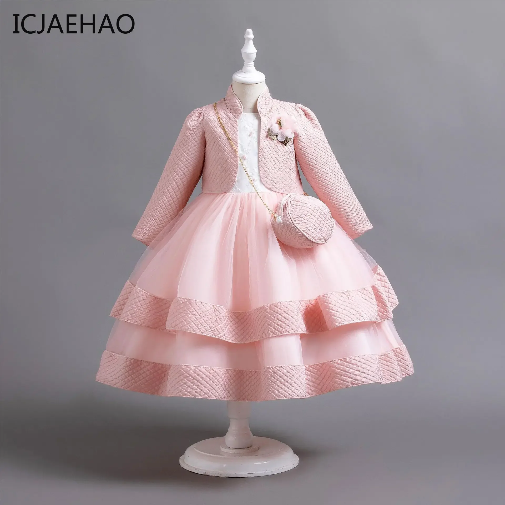 2025 Long Sleeve Coat Girls Dresses with Bag Sets Kids and Plaid Pearl Layers with Collar Clothes for Girl From 9 To 12 Years