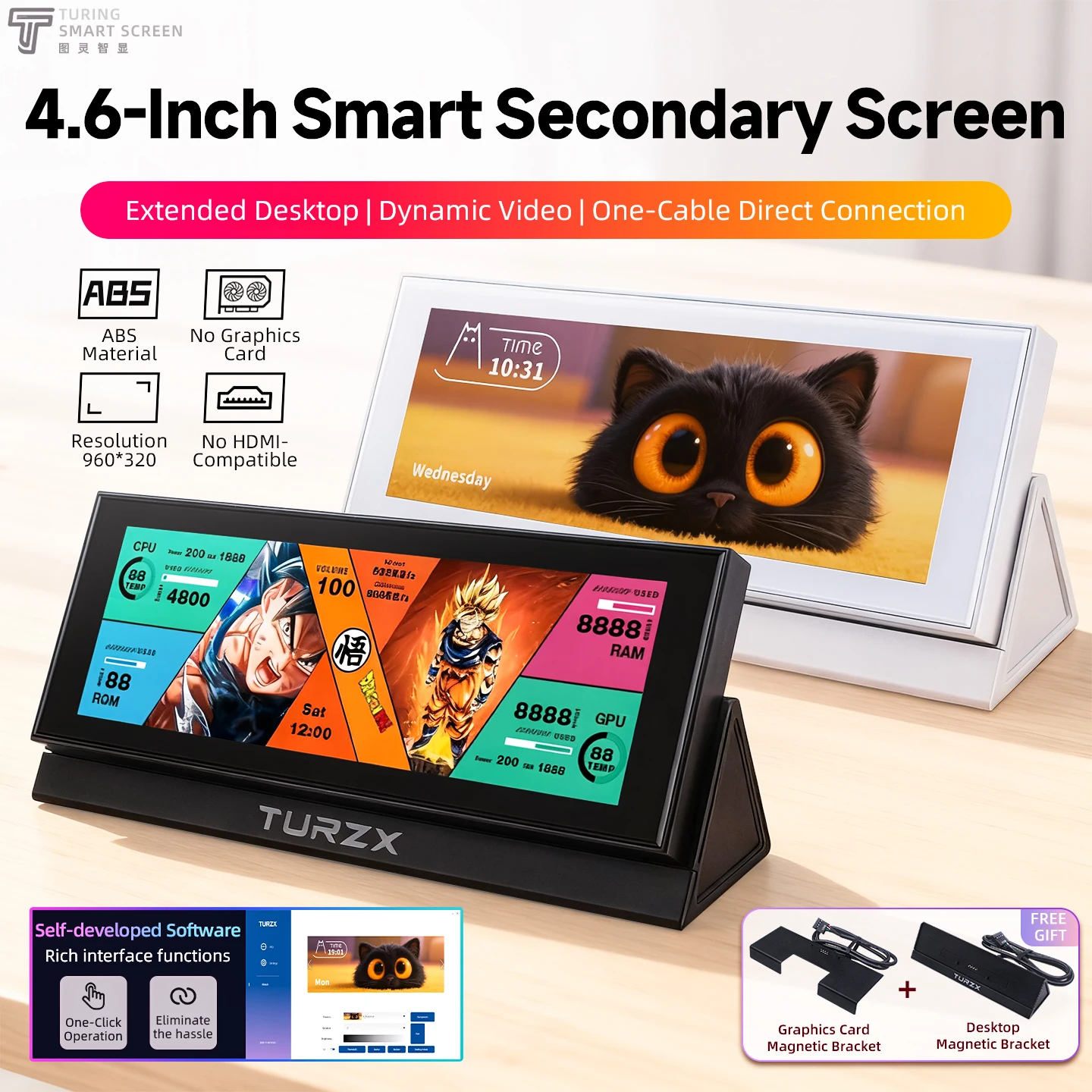 4.6 Inch IPS USB Secondary Screen TURZX 960x320 Smart Expansion Screen CPU GPU RAM Monitor for Graphics Card Windows 10 11