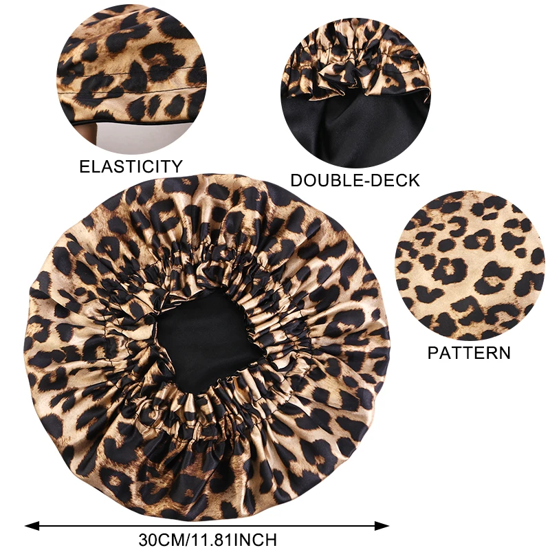 New Women Leopard Print Satin Nightcap Double Layer Silky Bonnet Adjustable Elastic Band Sleep Cap For Women Long Hair