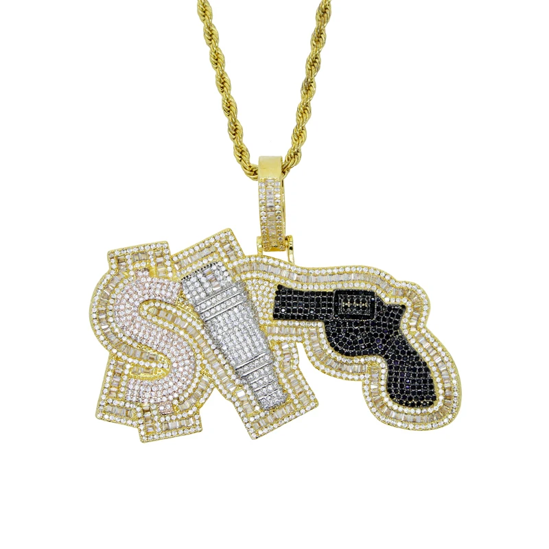 New Iced Out Bling CZ Plug Dollar Pendant Necklace Two Tone Color Zircon Money Power Respect Charm Men\'s Women Hip Hop Jewelry