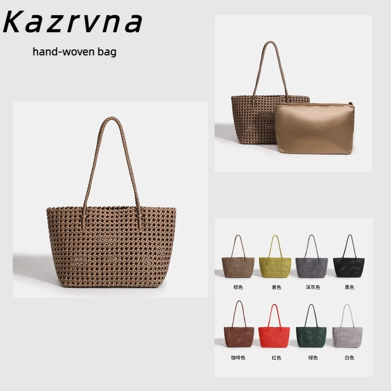 Casual Woven Tote Bag for Women Vintage Nylon Shoulder Handbag Hollow Weave Design with Zipper Inner Bag for Shopping Travel