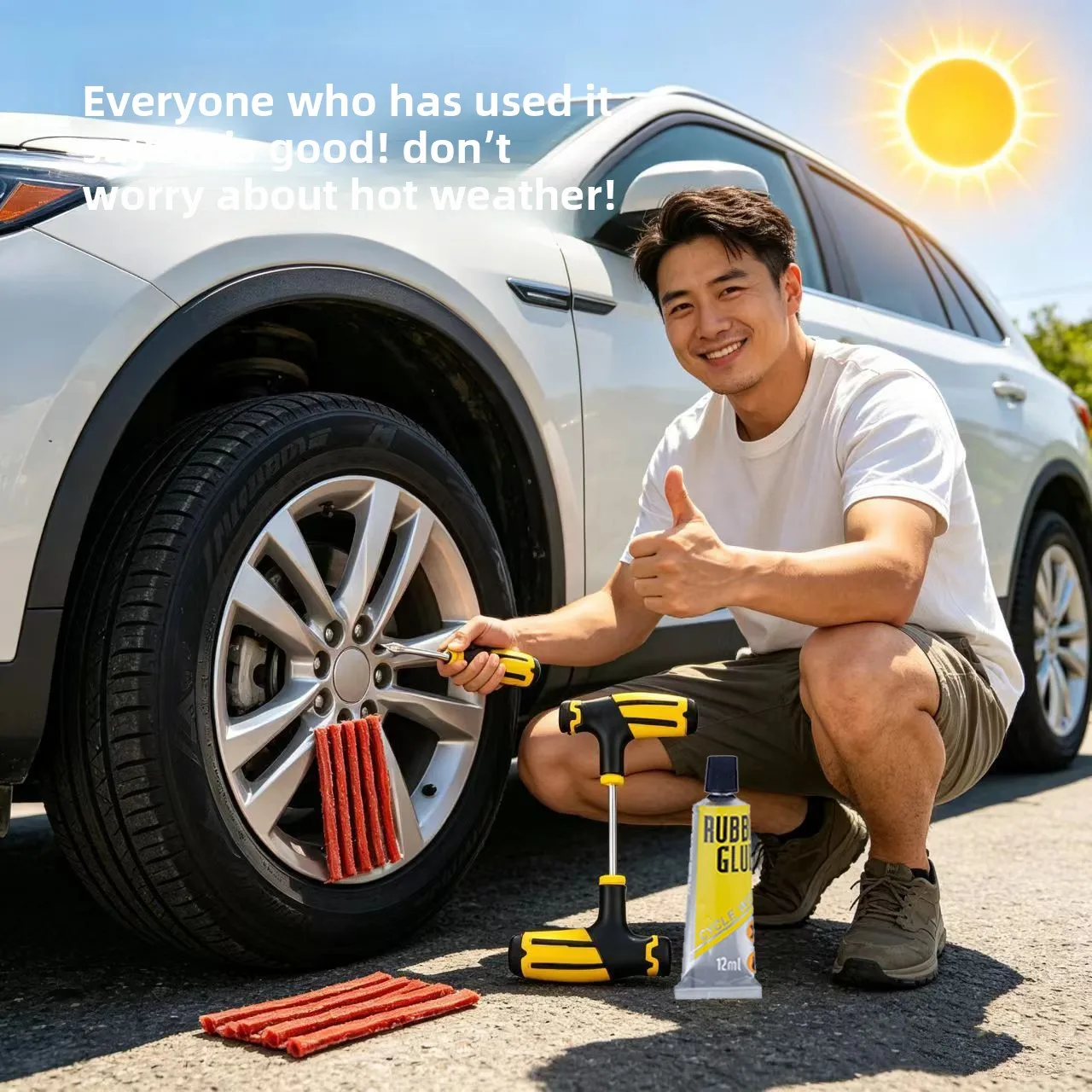 Portable Car Tire Puncture Repair Kit T-Handle Tools Glue Strips Universal for Truck Motorcycle RV Roadside Safety