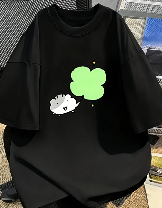 Hand Drawn Graffiti Printed T-shirt Korean Four Leaf Clover Women's Comfortable Home Clothes Round Neck Unisex Daily Wear