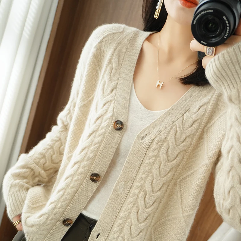 Cashmere Sweater Women New Knit Coat 2024 Spring High-End Large Size Female Jacket Warm Tops 100%Pure Wool Cardigan Twist Shirt