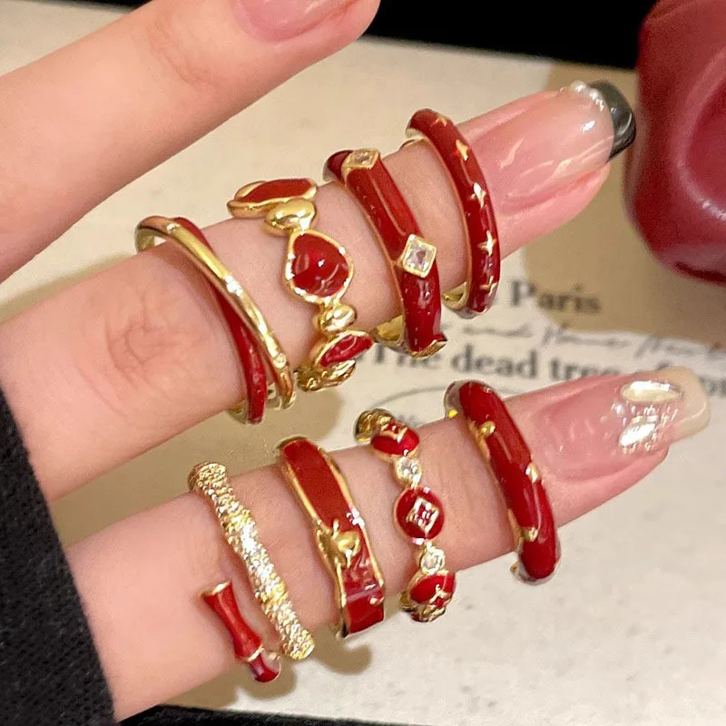 Ring Open Adjustable Red Enamel Minimalist Versatile Daily Fashionable Jewelry for Women Fall Winter
