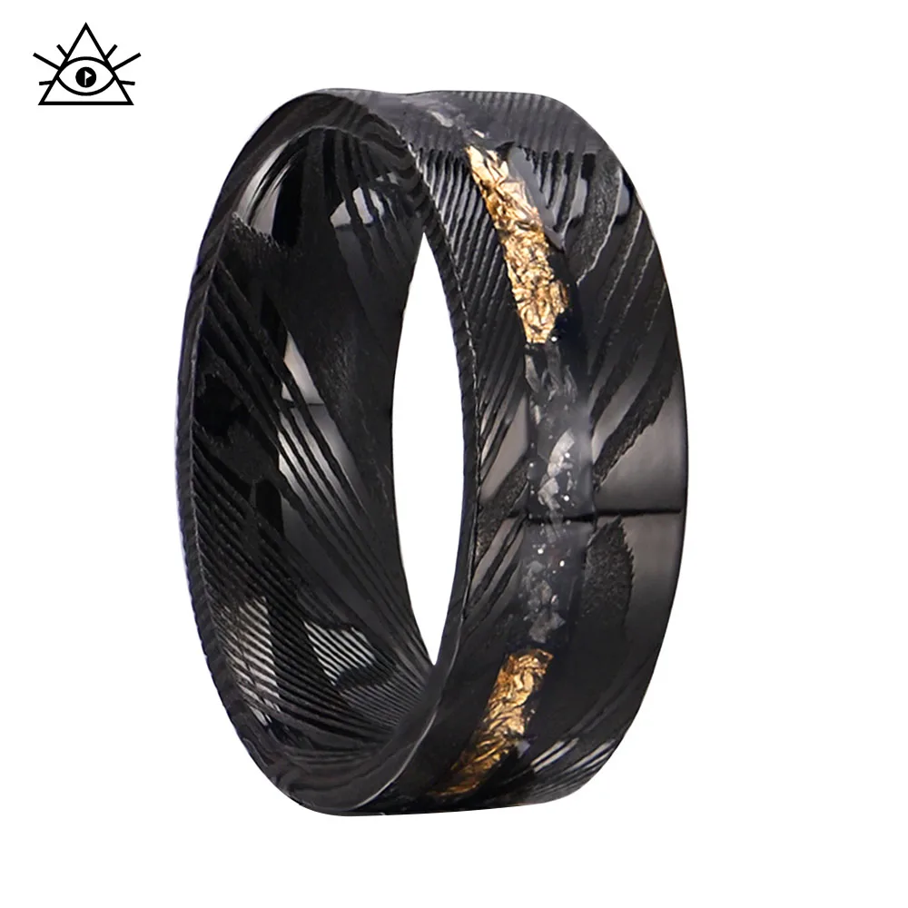 Damascus Steel Neutral Ring With Electric Black Tungsten And ‌Golden Foil Men's Ring Black Tungsten Engagement Rings