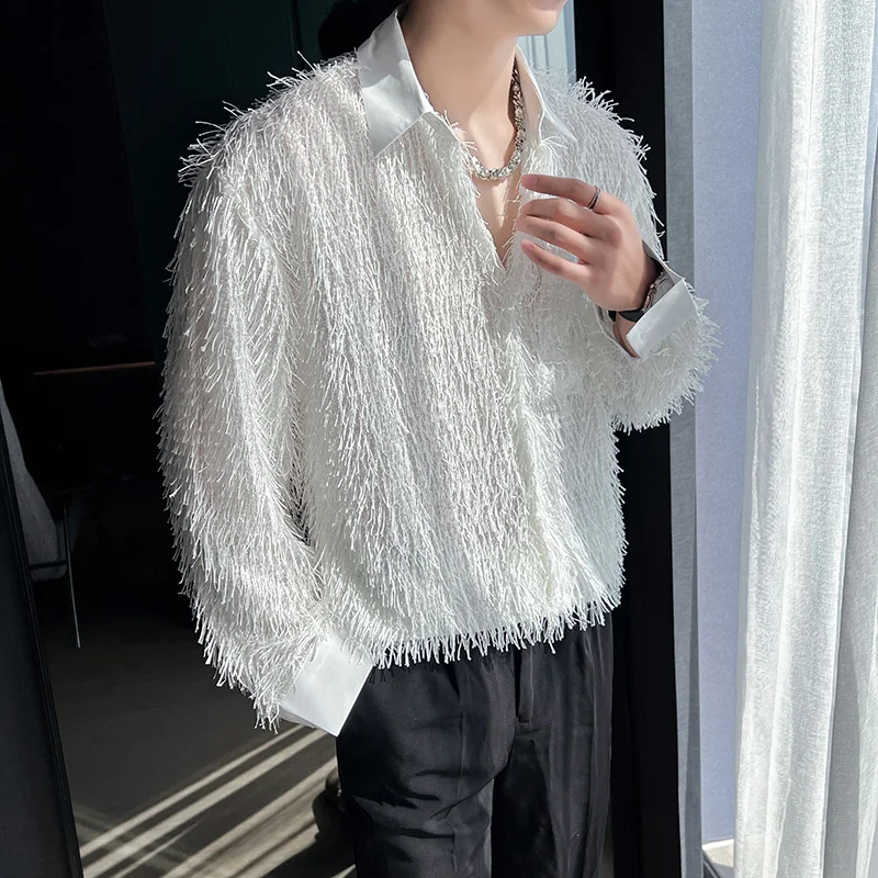 Long Sleeved Shirt Men Fashion Society Mens Off White Dress Shirt Korean Loose Casual Shirt Mens Pink Tassels Shirts M-2XL