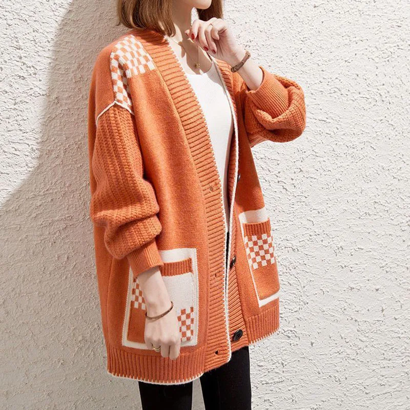 Spring Autumn New Women\'s Knitted Cardigan Coat Oversized Female Jacquard Sweater Outerwear Casual V-neck Sweaters Jacket 6XL